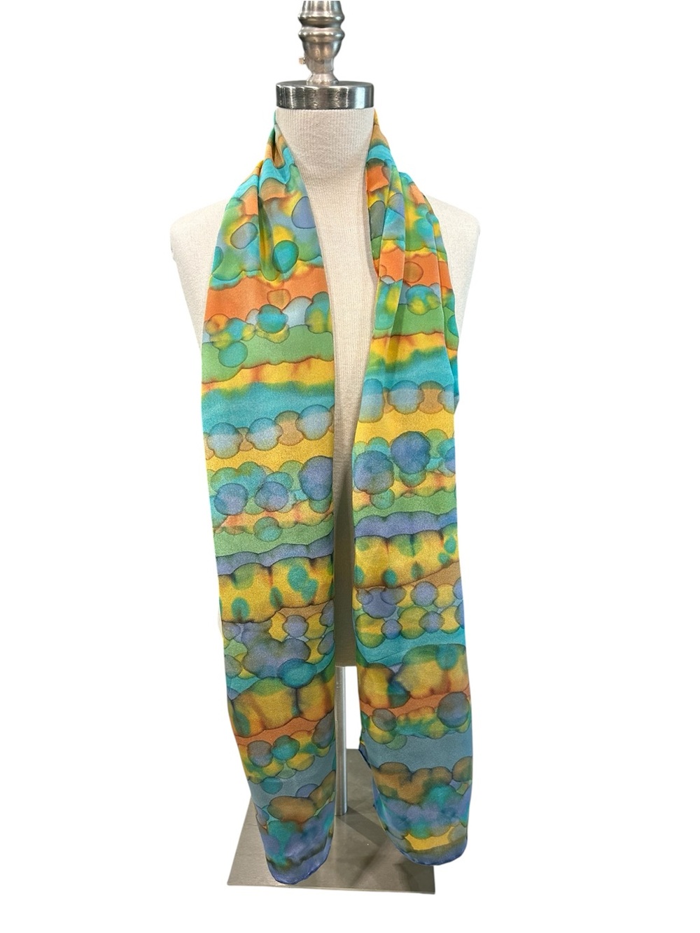 Hand Painted Blue, Orange, Turquoise, Yellow Silk Scarf NWT - Picture 4 of 5